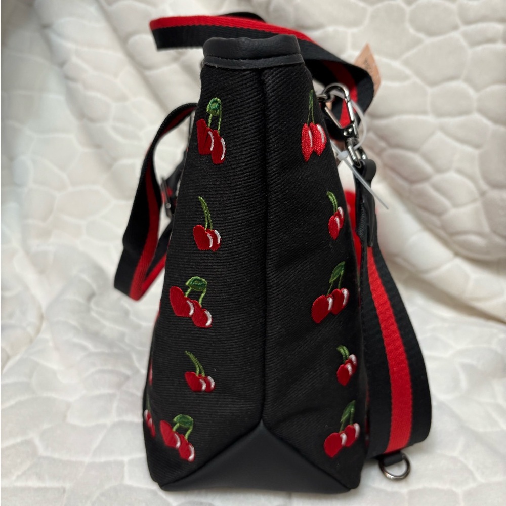 Betsey Johnson Cherry Embroidered Black Tote Bag with Cherry & teddy Charm - Picture 5 of 8